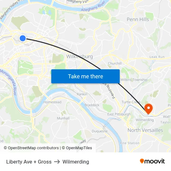 Liberty Ave + Gross to Wilmerding map