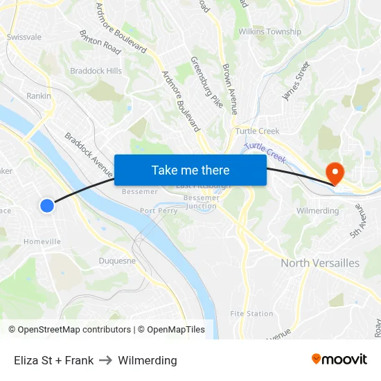Eliza St + Frank to Wilmerding map