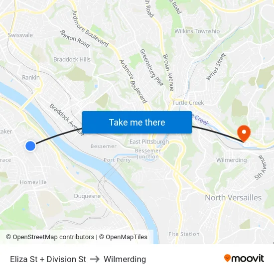 Eliza St + Division St to Wilmerding map