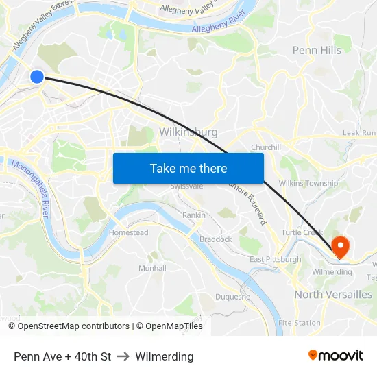 Penn Ave + 40th St to Wilmerding map
