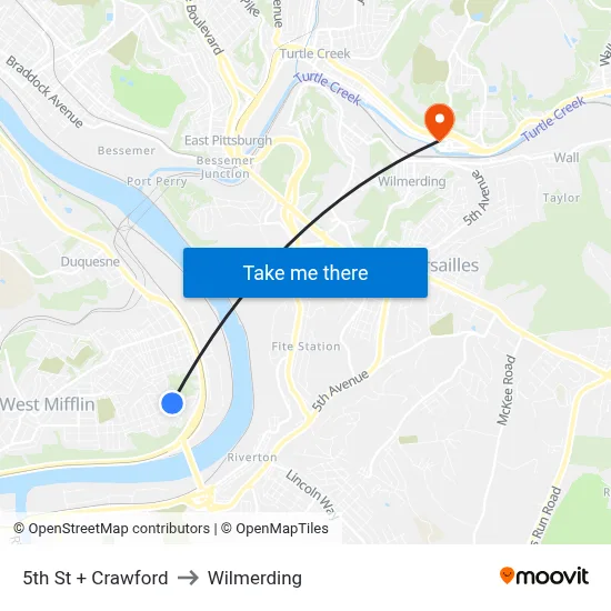 5th St + Crawford to Wilmerding map