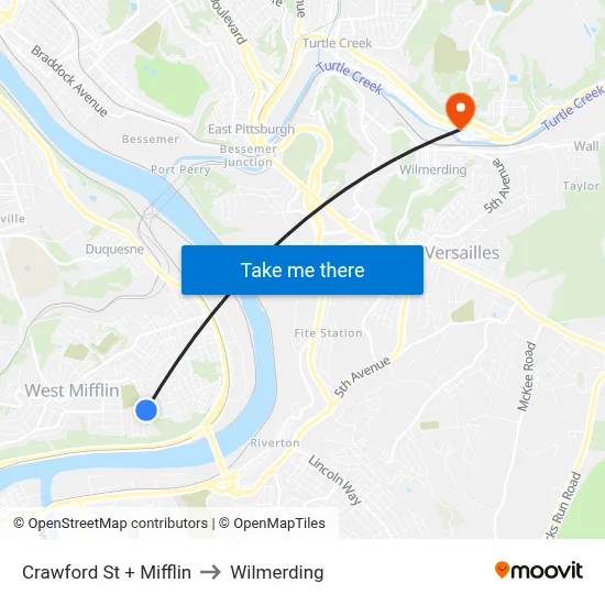Crawford St + Mifflin to Wilmerding map