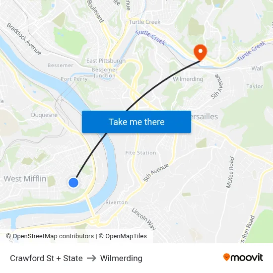 Crawford St + State to Wilmerding map