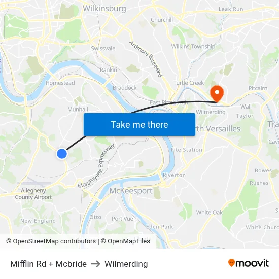 Mifflin Rd + Mcbride to Wilmerding map