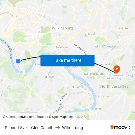 Second Ave + Glen Caladh to Wilmerding map