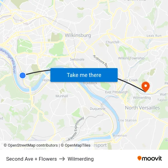 Second Ave + Flowers to Wilmerding map