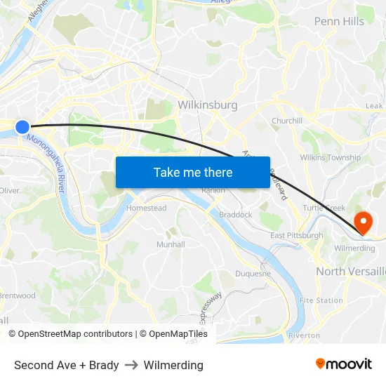 Second Ave + Brady to Wilmerding map