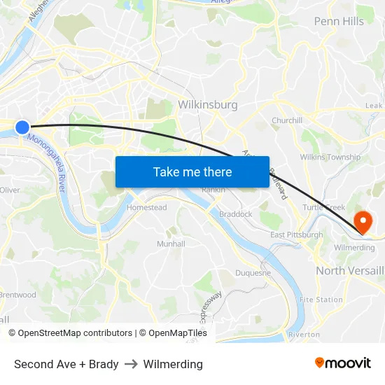 Second Ave + Brady to Wilmerding map