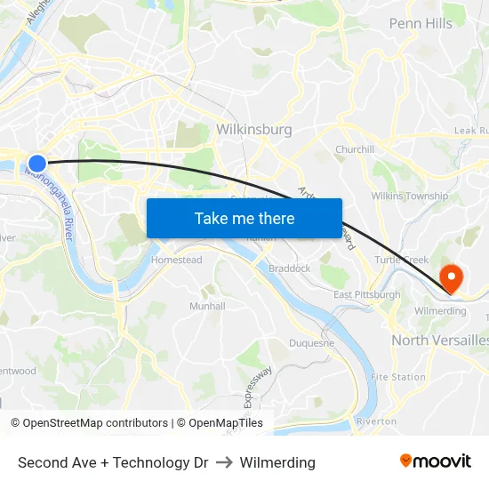 Second Ave + Technology Dr to Wilmerding map