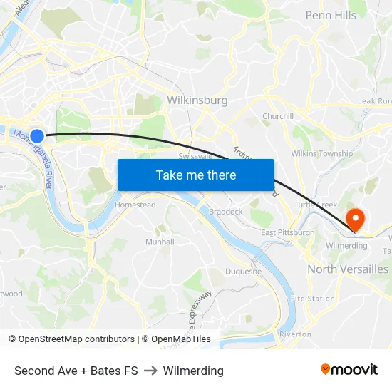 Second Ave + Bates FS to Wilmerding map