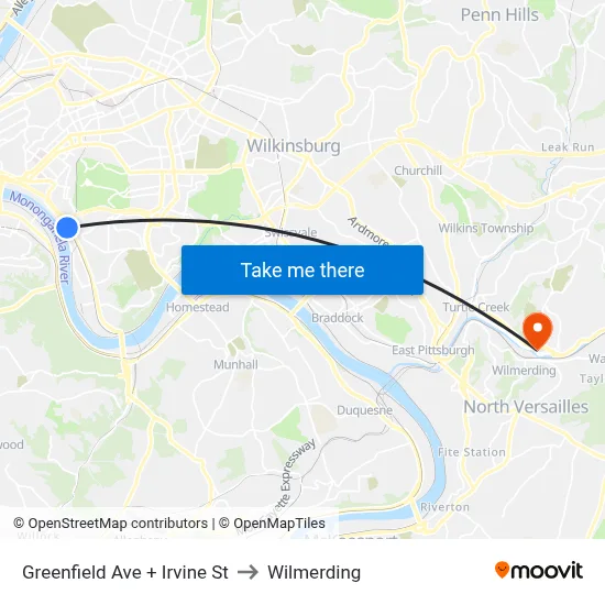 Greenfield Ave + Irvine St to Wilmerding map