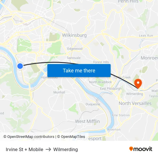 Irvine St + Mobile to Wilmerding map