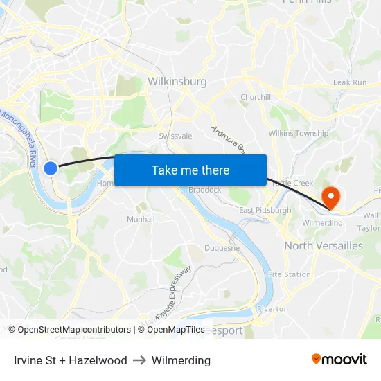 Irvine St + Hazelwood to Wilmerding map