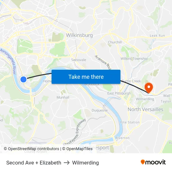 Second Ave + Elizabeth to Wilmerding map