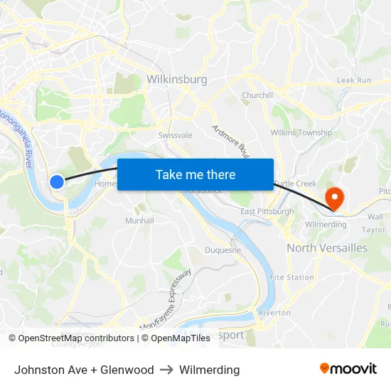 Johnston Ave + Glenwood to Wilmerding map