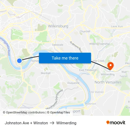 Johnston Ave + Winston to Wilmerding map