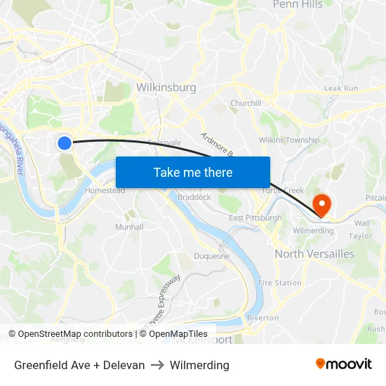 Greenfield Ave + Delevan to Wilmerding map