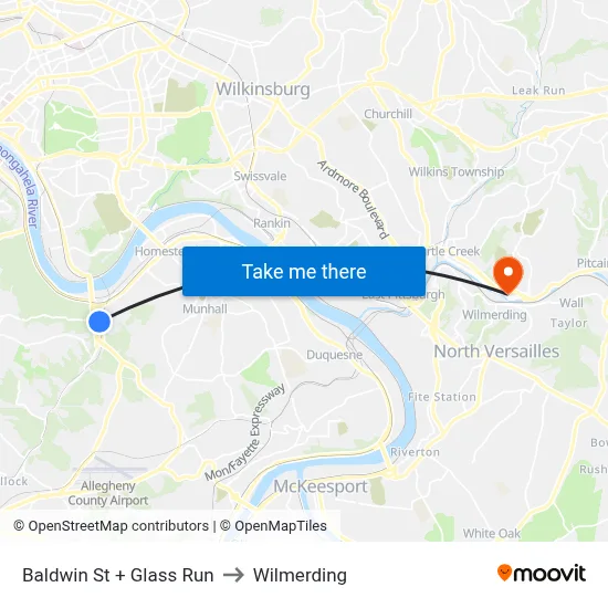 Baldwin St + Glass Run to Wilmerding map