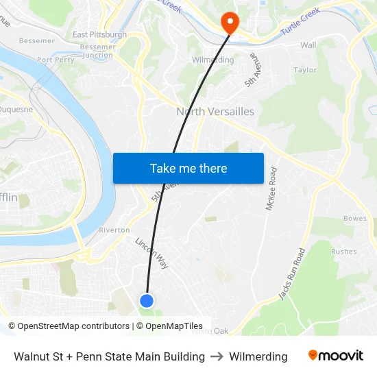Walnut St + Penn State Main Building to Wilmerding map