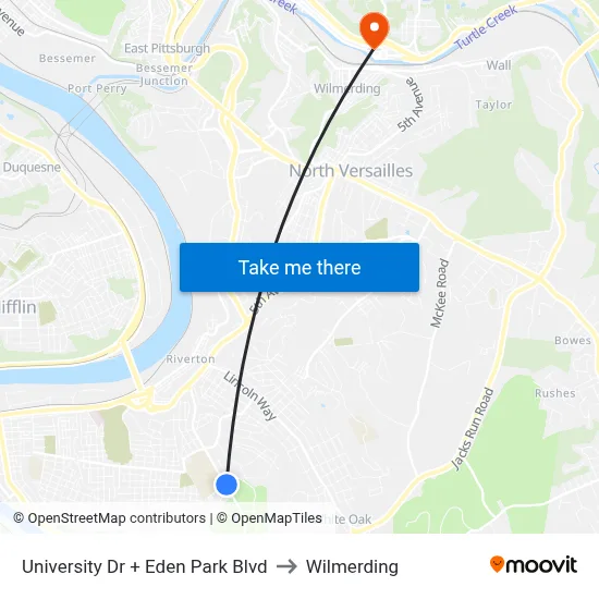 University Dr + Eden Park Blvd to Wilmerding map