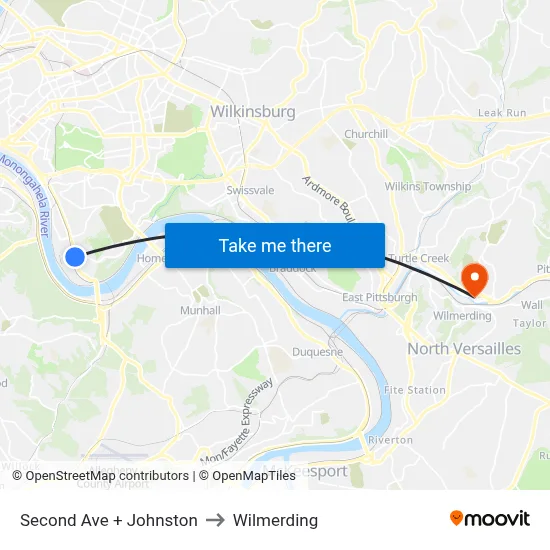 Second Ave + Johnston to Wilmerding map