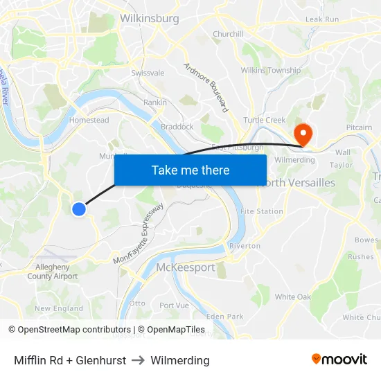 Mifflin Rd + Glenhurst to Wilmerding map