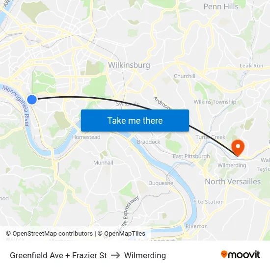 Greenfield Ave + Frazier St to Wilmerding map