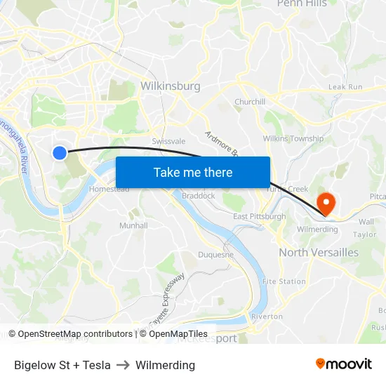 Bigelow St + Tesla to Wilmerding map