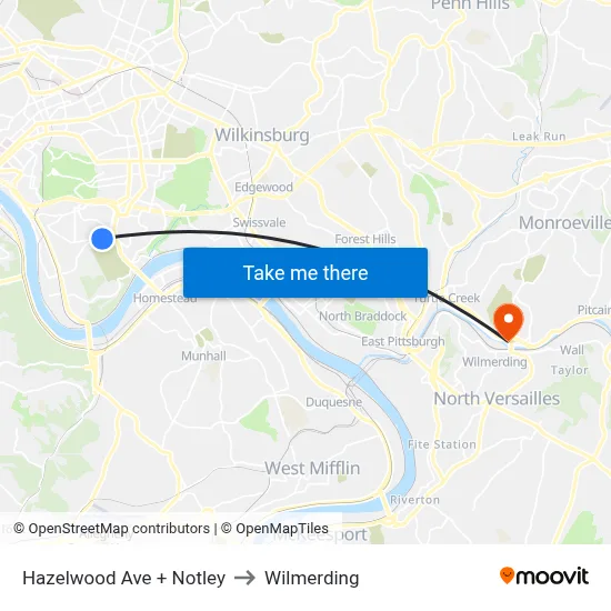 Hazelwood Ave + Notley to Wilmerding map
