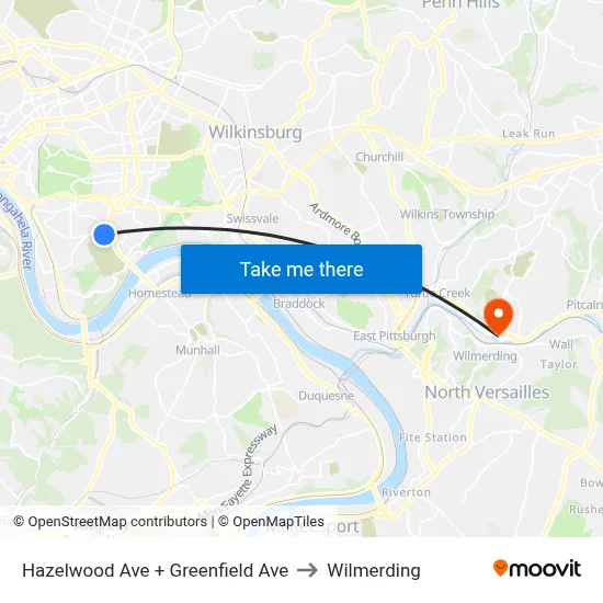 Hazelwood Ave + Greenfield Ave to Wilmerding map