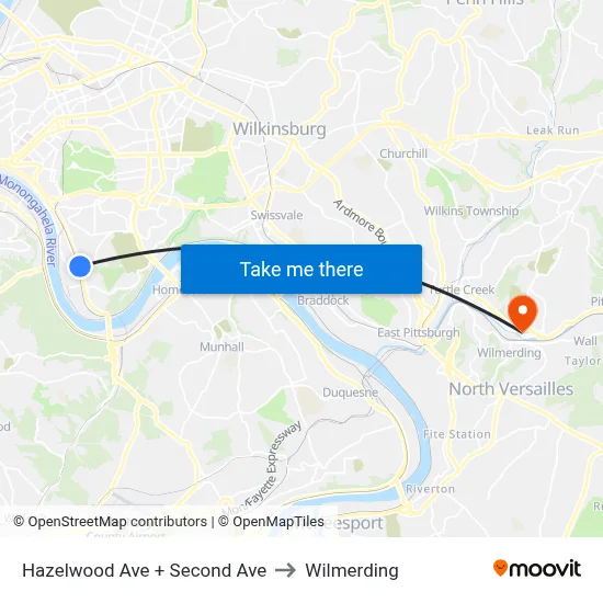 Hazelwood Ave + Second Ave to Wilmerding map