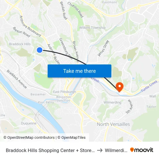 Braddock Hills Shopping Center + Storefront to Wilmerding map