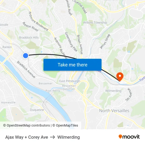 Ajax Way + Corey Ave to Wilmerding map