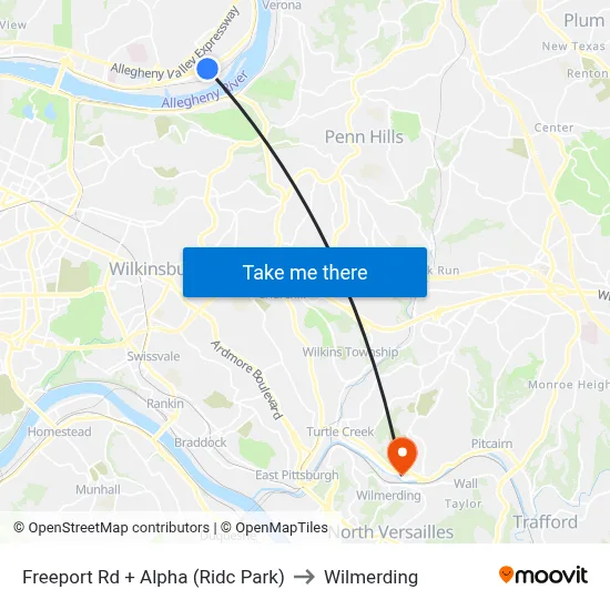 Freeport Rd + Alpha (Ridc Park) to Wilmerding map