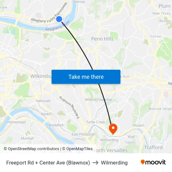 Freeport Rd + Center Ave (Blawnox) to Wilmerding map