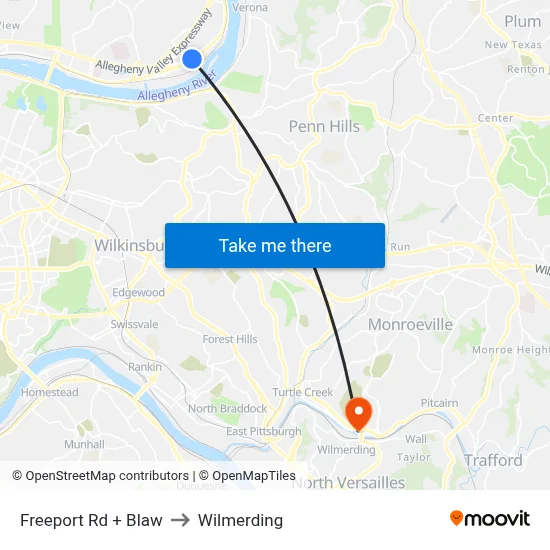 Freeport Rd + Blaw to Wilmerding map