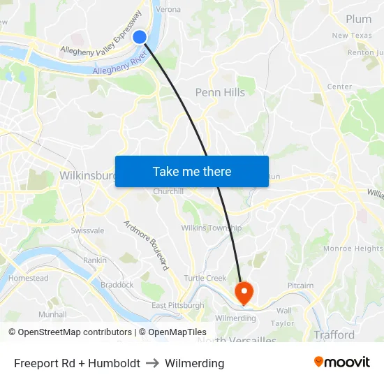 Freeport Rd + Humboldt to Wilmerding map