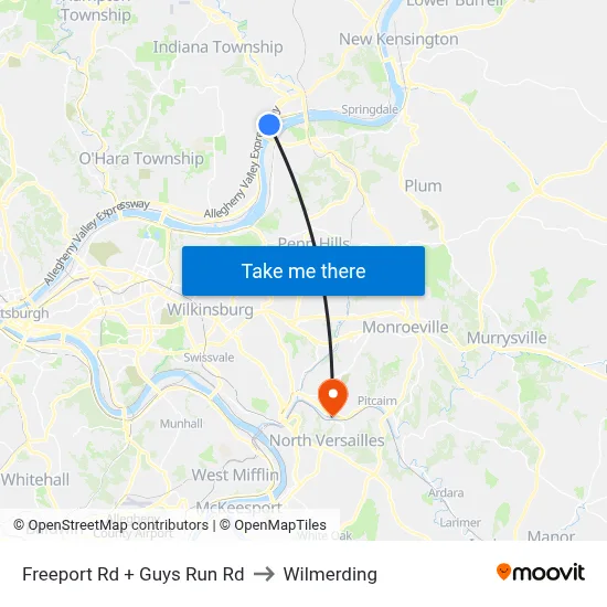 Freeport Rd + Guys Run Rd to Wilmerding map