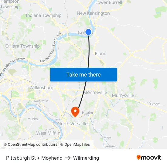 Pittsburgh St + Moyhend to Wilmerding map