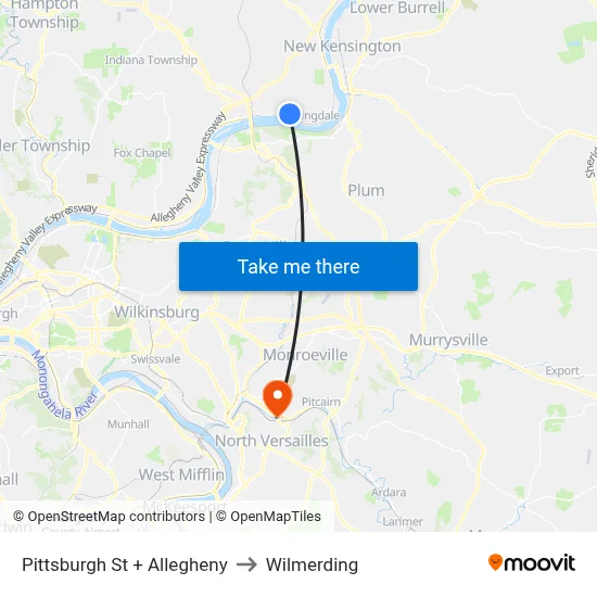Pittsburgh St + Allegheny to Wilmerding map