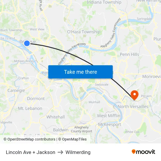 Lincoln Ave + Jackson to Wilmerding map