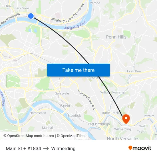 Main St + #1834 to Wilmerding map