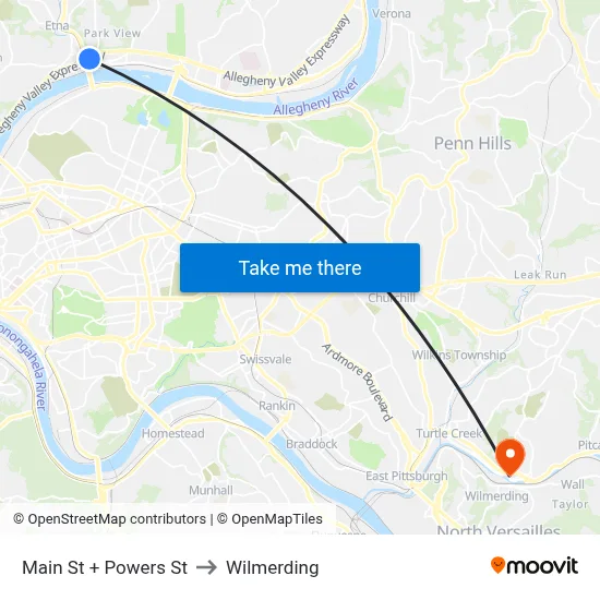 Main St + Powers St to Wilmerding map
