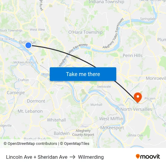 Lincoln Ave + Sheridan Ave to Wilmerding map
