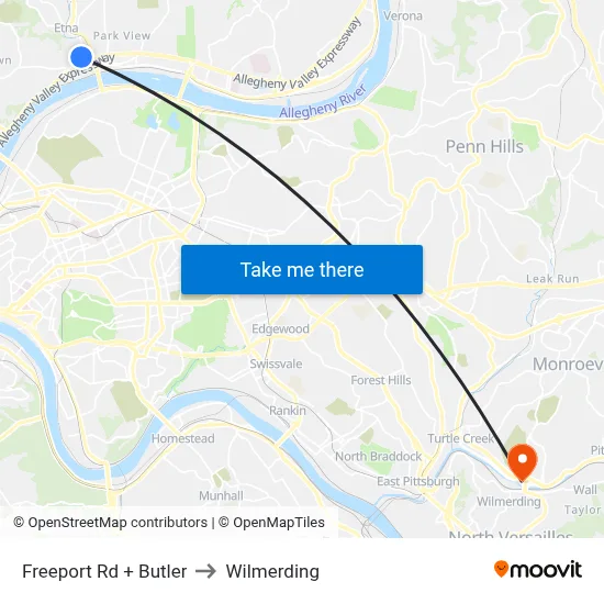 Freeport Rd + Butler to Wilmerding map