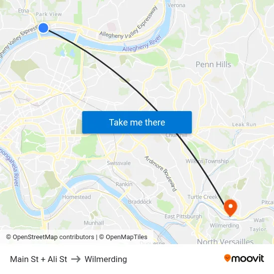 Main St + Ali St to Wilmerding map
