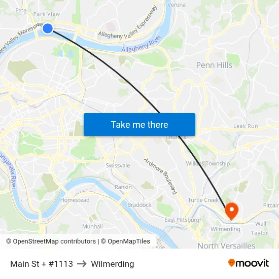 Main St + #1113 to Wilmerding map