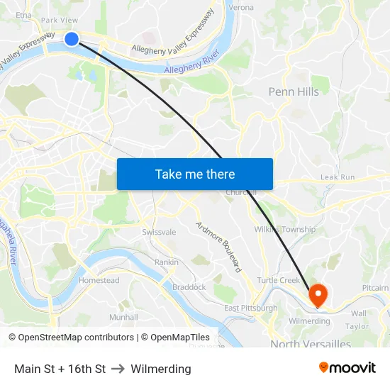 Main St + 16th St to Wilmerding map