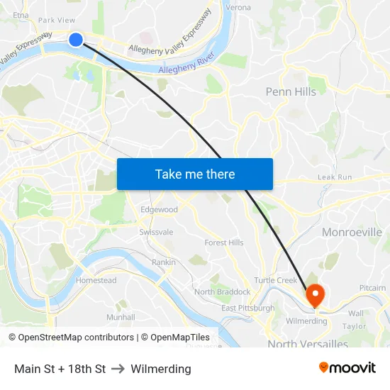 Main St + 18th St to Wilmerding map