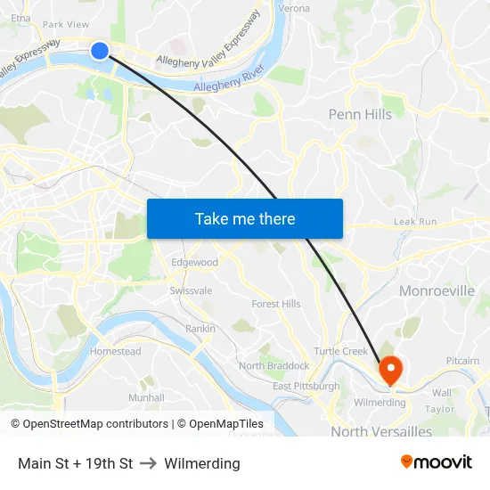 Main St + 19th St to Wilmerding map